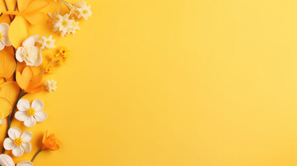 Fototapeta na wymiar Spring flowers on yellow background with copy space