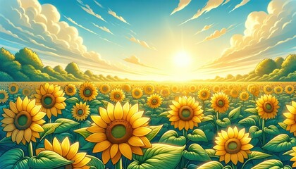 Obraz premium Sunrise Over Sunflower Field, Summer Landscape