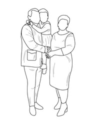 Sketch silhouette of a grandfather holding his granddaughter and grandmother, family, isolated vector