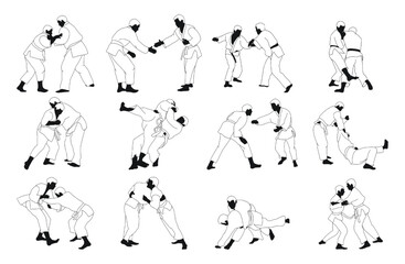 Collection of judoka silhouettes, isolated vector