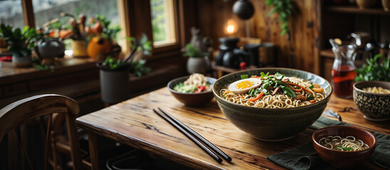 Bowl of ramen on wooden table in rustic traditional kitchen. Asian cuisine healthy hot meal, dish....