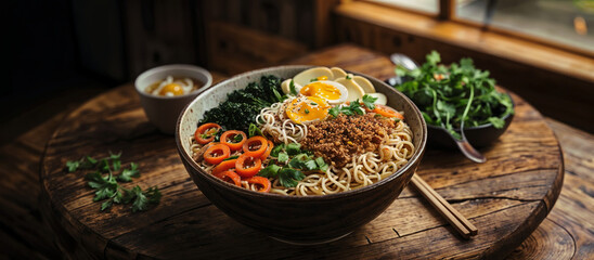 Bowl of ramen on wooden table in rustic traditional kitchen. Asian cuisine healthy hot meal, dish....