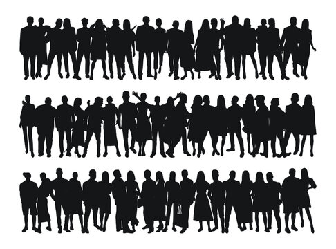 Set black silhouette of young couples of guys and girls, crowd, group, team, band, isolated vector