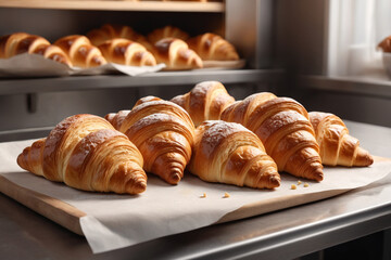 croissant on a wooden table. Freshly baked croissants on counter in bakery. , perfect composition, beautiful detailed , 8k photography, photorealistic , soft natural