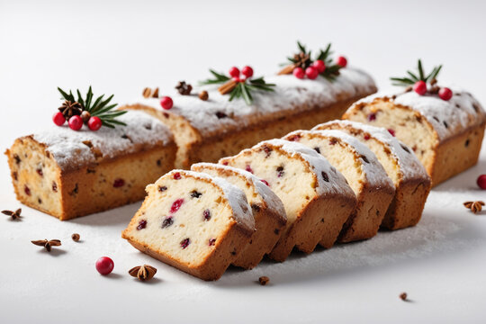 cake with chocolate, Slices of Christmas stollen cakes arranged in row against white background. , perfect composition, beautiful detailed , 8k photography, photorealistic , soft natural perfect light