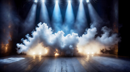 Illuminated stage with scenic lights and smoke. Blue spotlight with smoke volume light effect on black background. Stadium cloudiness projector, Generative AI