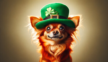 A cheerful Chihuahua dog wearing a festive green St. Patricks Day hat with a shamrock. Pet laughs on a uniform isolated background