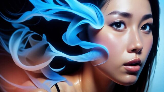 Fashion model creative portrait in flowing wispy ink and smoke. Loopable. AI generated.