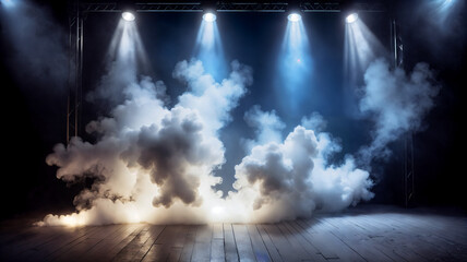 Illuminated stage with scenic lights and smoke. Blue spotlight with smoke volume light effect on black background. Stadium cloudiness projector, Generative AI
