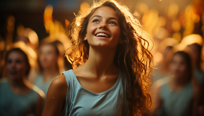 Fototapeta premium Young adults enjoying a carefree summer party, dancing with excitement generated by AI
