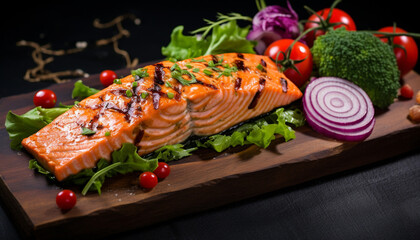 Grilled salmon fish fillet and fresh green leafy vegetable salad with tomatoes, red onion and broccoli