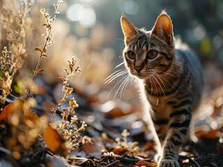 Tabby cat exploring the forest floor.