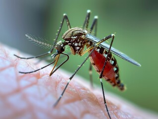 Macro shot of a mosquito on human skin.