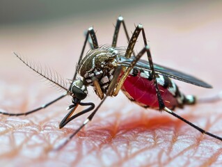 Macro shot of a mosquito on human skin.