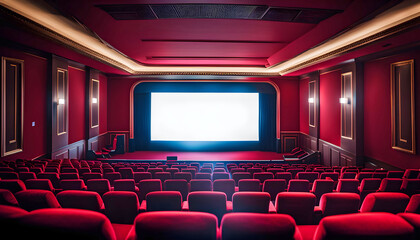 Empty wide cinema screen and people in chairs in the cinema hall, concept for the premiere of a new film in the cinema,