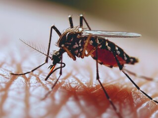 Close view of a mosquito feeding on human skin.