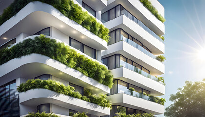 Modern residential building with green plant walls. Concept of green urban environment, sustainable lifestyle and ecology, - obrazy, fototapety, plakaty
