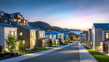 Obraz premium Evening street with high-tech houses with swimming pools and scenic lighting, concept of living in a high-tech house
