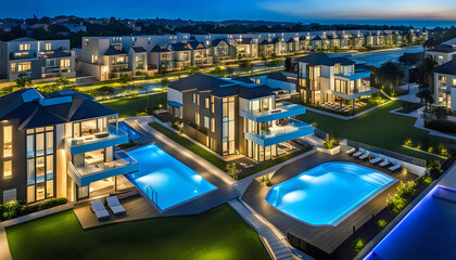 Fototapeta na wymiar Evening street with high-tech houses with swimming pools and scenic lighting, concept of living in a high-tech house