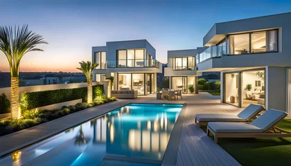 Foto op Plexiglas Evening street with high-tech houses with swimming pools and scenic lighting, concept of living in a high-tech house © Perecciv