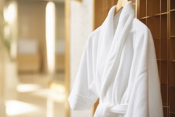 A serene bathroom atmosphere with a plush white bathrobe hanging, soft natural light casting plant...