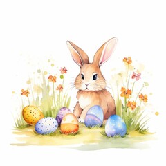 Aquarell eines Kaninchens auf einer Wiese mit Ostereiern Illustration