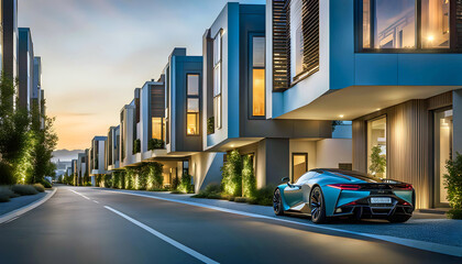 Evening street with high-tech houses with swimming pools and scenic lighting, concept of living in a high-tech house