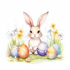 Aquarell eines Kaninchens auf einer Wiese mit Ostereiern Illustration