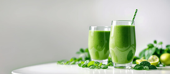 Healthy smoothies green, colorful drinks from fruits and vegetables in glass, healthy lifestyle fresh organic juice.  Panoramic banner white background. Generative AI.