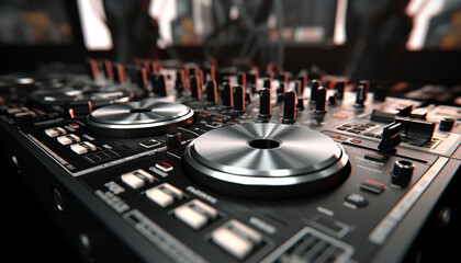 Fototapeta na wymiar Nightclub mixing, nightlife turntable, technology, stereo sound mixer generated by AI