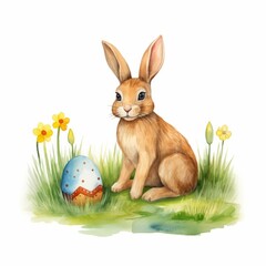 Aquarell eines braunen Kaninchens auf einer grünen Wiese mit Ostereiern Illustration