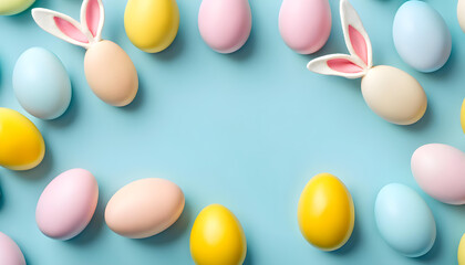 Easter party ideation. Overhead view easter bunny ears, white, pink, blue, and yellow eggs on an...
