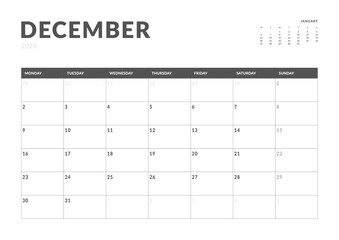 Monthly page Calendar Planner Templates of December 2024. Vector layout of simple calendar with week start Monday for print. Page for size A4 or 21x29.7 cm