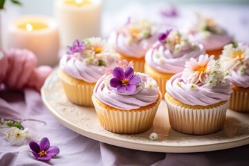 Obraz na płótnie Canvas Vibrant cupcakes with lavender-colored frosting, topped with edible pansy flowers, set against a soft grey background.