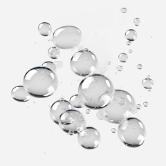 Lots of bubbles, totally transparent and translucent, water bubbles, soap bubbles, on a white background. Concept design illustration.