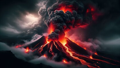 Majestic Volcanic Eruption at Night, Nature's Fury Concept