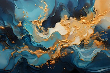 Liquid gold and cerulean waves colliding, forming an exquisite Abstract Wallpaper Background with a touch of opulence.