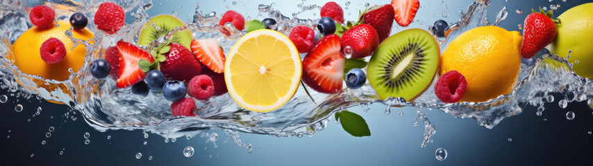 Fresh tropical fruits in a splash of water 