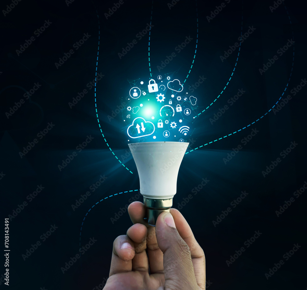 Poster glowing futuristic technology bulb with signs of tech and dark backdrop. cloud computing and network