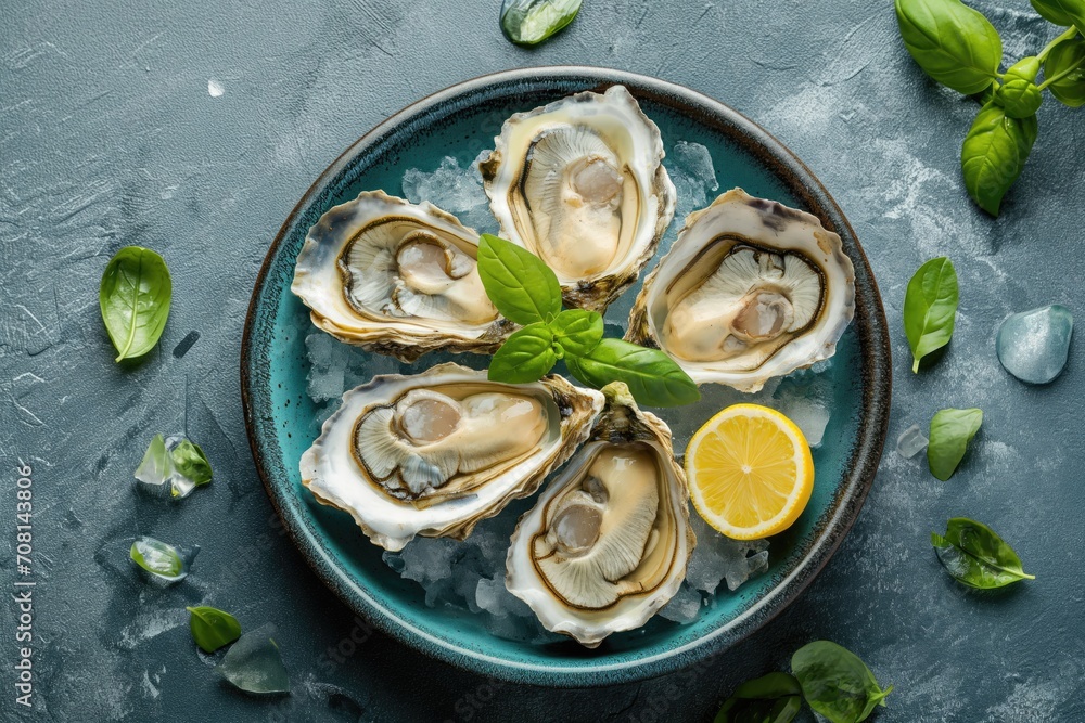 Wall mural a plate of raw fresh oysters served on crushed ice with lemon wedges and fresh basil, ideal for seaf