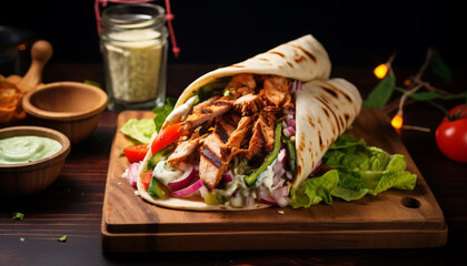Delicious shawarma served on wooden board on table in cafe. Grilled pita wrapping chicken meat and fresh vegetables with sauce