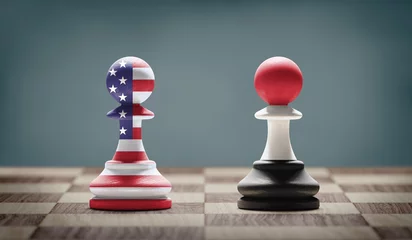 Foto op Plexiglas US and Yemen conflict. Country flags on chess pawns on a chess board. 3D illustration. © Feydzhet Shabanov