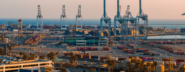 Thousands of shipping containers in the port of Long Beach near Los Angeles California. The Port of...