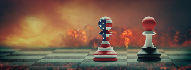 US and Yemen conflict. Country flags on chess pawns on a chess board. 3D illustration. - obrazy, fototapety, plakaty
