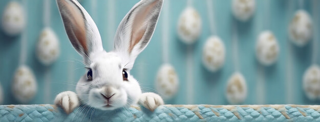 A white rabbit with long ears peeking over a surface. Curious bunny with oversized ears emerging over a soft edge, with patterned eggs in the backdrop. Catholic Easter celebration background. - obrazy, fototapety, plakaty
