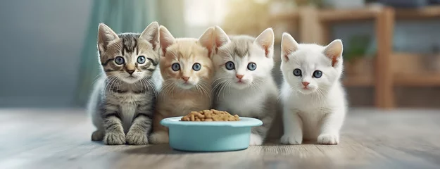 Deurstickers Four kittens with attentive eyes near a food bowl. A quartet of cats with varying fur patterns looks up curiously. Panorama with copy space. © Igor Tichonow
