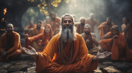 Indian guru smiles with his disciples behind him - obrazy, fototapety, plakaty