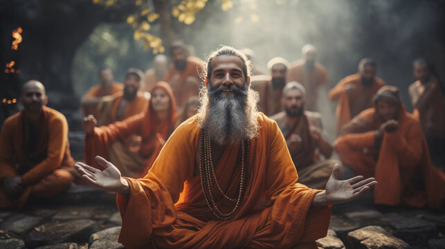 Indian guru smiles with his disciples behind him