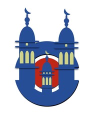 Vector illustration of Ancient Arab mosque in modern style, Blue and yellow light house, antique castle, Islamic mosque building.