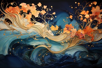 Liquid gold and indigo waves intertwining in a magical cascade of colorsr